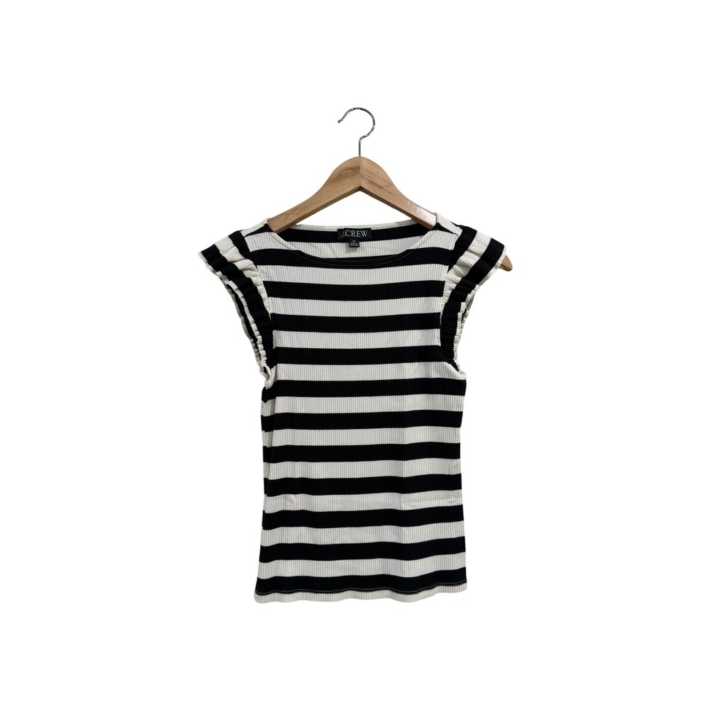 J.Crew Womens Ribbed Ruffle Sleeve Striped Top Black White XS Boat Neck
